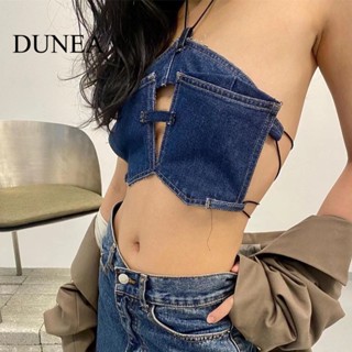 Dunea เสื้อกล้ามยีน คล้องคอ มีสไตล์ มีกระเป๋า สําหรับผู้หญิง