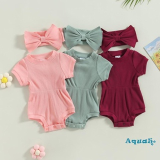 Aqq- ชุดจั๊มสูทรอมเปอร์ แขนสั้น สีพื้น พร้อมที่คาดผม ประดับโบว์ แฟชั่นฤดูร้อน สําหรับเด็กผู้หญิง