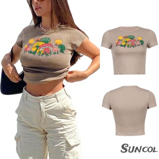 Suncol- เสื้อครอปท็อปลําลอง คอกลม แขนสั้น พิมพ์ลายการ์ตูนเห็ด ทรงสลิมฟิต สําหรับผู้หญิง