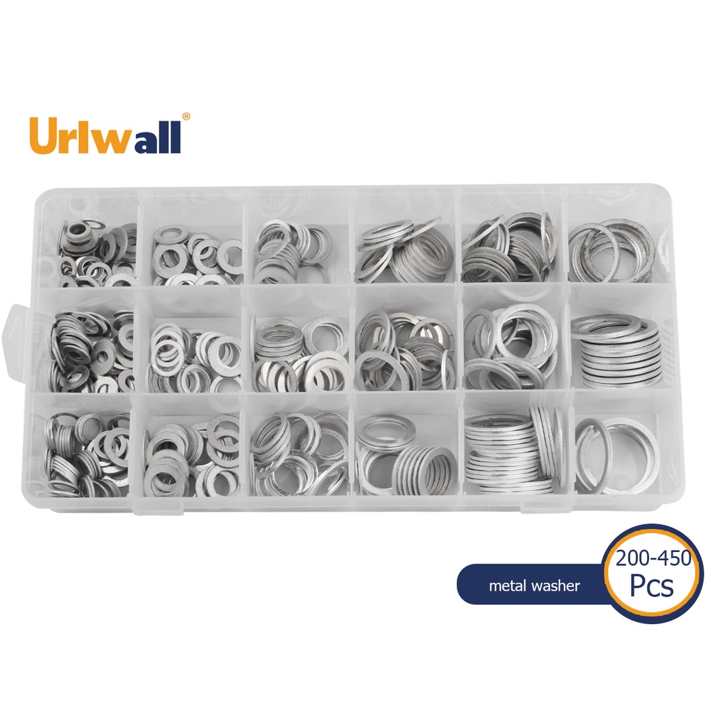 Urlwall 450/280/200pcs ปะเก็นเครื่องซักผ้าอลูมิเนียมแบนโลหะปะเก็นเครื่องซักผ้าปะเก็นสารพันแหวนปิดผนึกชุด M6 M8 M10 M12 M14