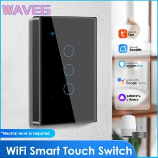 Wave Tuya Wifi Touch Smart Switch Light ไม่มี Neutral Wire Glass Wall Uk 110v-220v On Off 1/2/3/4 Gang สำหรับ Alexa Google Home Tmall Genie