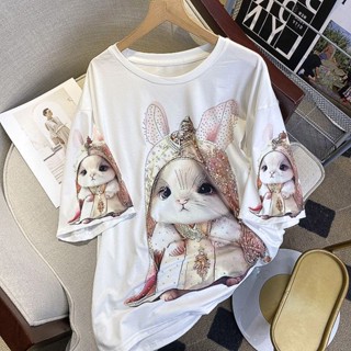 Milyfashion เสื้อยืดแขนสั้นลําลอง ทรงหลวม ลายกระต่าย ประดับเพชร สไตล์เกาหลี แฟชั่นฤดูใบไม้ผลิ และฤดูร้อน สําหรับผู้หญิง 2023