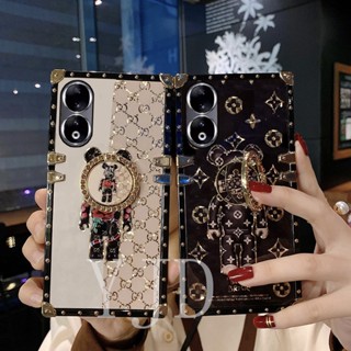 เคสโทรศัพท์มือถือ ทรงสี่เหลี่ยม กันกระแทก ประดับเพชร พร้อมแหวนขาตั้ง รูปหมีน้อย สําหรับ Honor 90 Pro