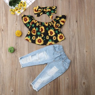 Hian-toddler Girls ́ Fashion Sunflower Top and Light Colored Ripped Jeans and Flower Headband
