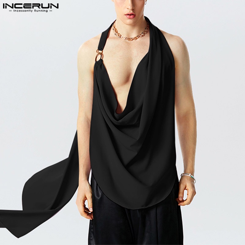 Incerun เสื้อกล้าม แขนกุด คอสวิง สีพื้น สไตล์วินเทจ สําหรับผู้ชาย