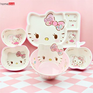 ชามเด็ก Hello Kitty บนโต๊ะอาหาร น่ารัก การ์ตูนเด็ก ชามอาหารเสริม Hello Kitty ชุดช้อนส้อมเด็ก ชามอาหาร homelove