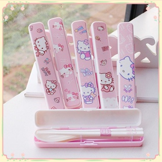 Sanrio Hello Kitty เครื่องใช้บนโต๊ะอาหารการ์ตูนเด็กกินส้อมตะเกียบเครื่องใช้บนโต๊ะอาหารเครื่องครัวเดินทางแบบพกพาเรซิ่นชุดเมลามีนของขวัญ【แดด】