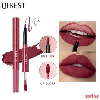 Qibest 2-IN-1 ลิปกลอส สีนู้ด + ลิปไลเนอร์ กํามะหยี่ แมตต์ ลิปสติก กันน้ํา ติดทนนาน ไม่ติดถ้วย ลิปทินท์ เครื่องสําอาง เครื่องมือ