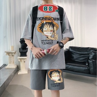 ฤดูร้อน ins Pirate Anime Printed Sports Hot Blood Mens Fashion Brand Plus Size เสื้อยืดแขนสั้นผู้ชายทรงหลวมหล่อ