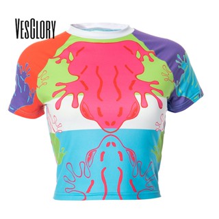 Vesglory เสื้อครอปท็อปลําลอง คอกลม เข้ารูป พิมพ์ลาย สีตัดกัน แฟชั่นสําหรับสตรี 2023