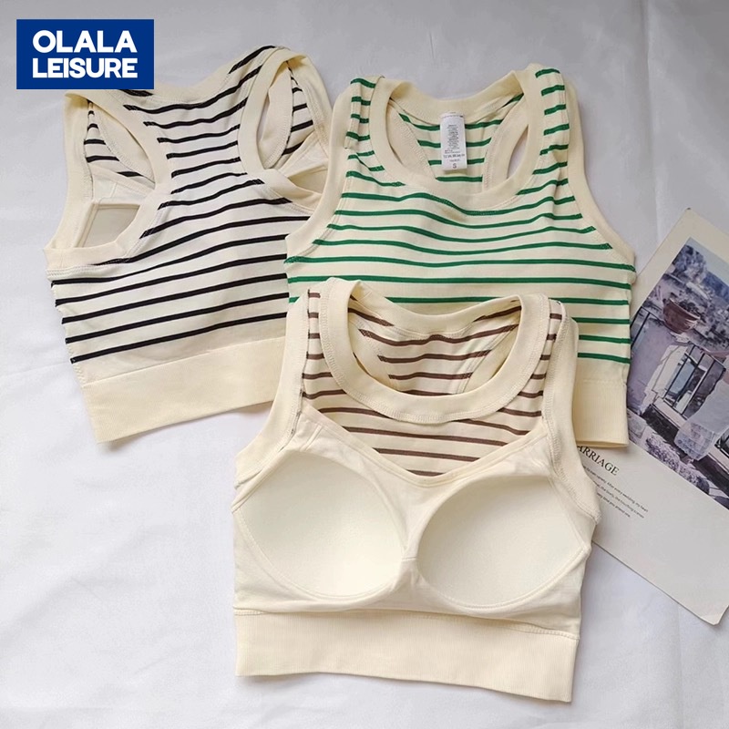 OLALA LEISURE สปอร์ตบรา ลายทาง กันกระแทก แขนกุด สวยงาม สำหรับผู้หญิง