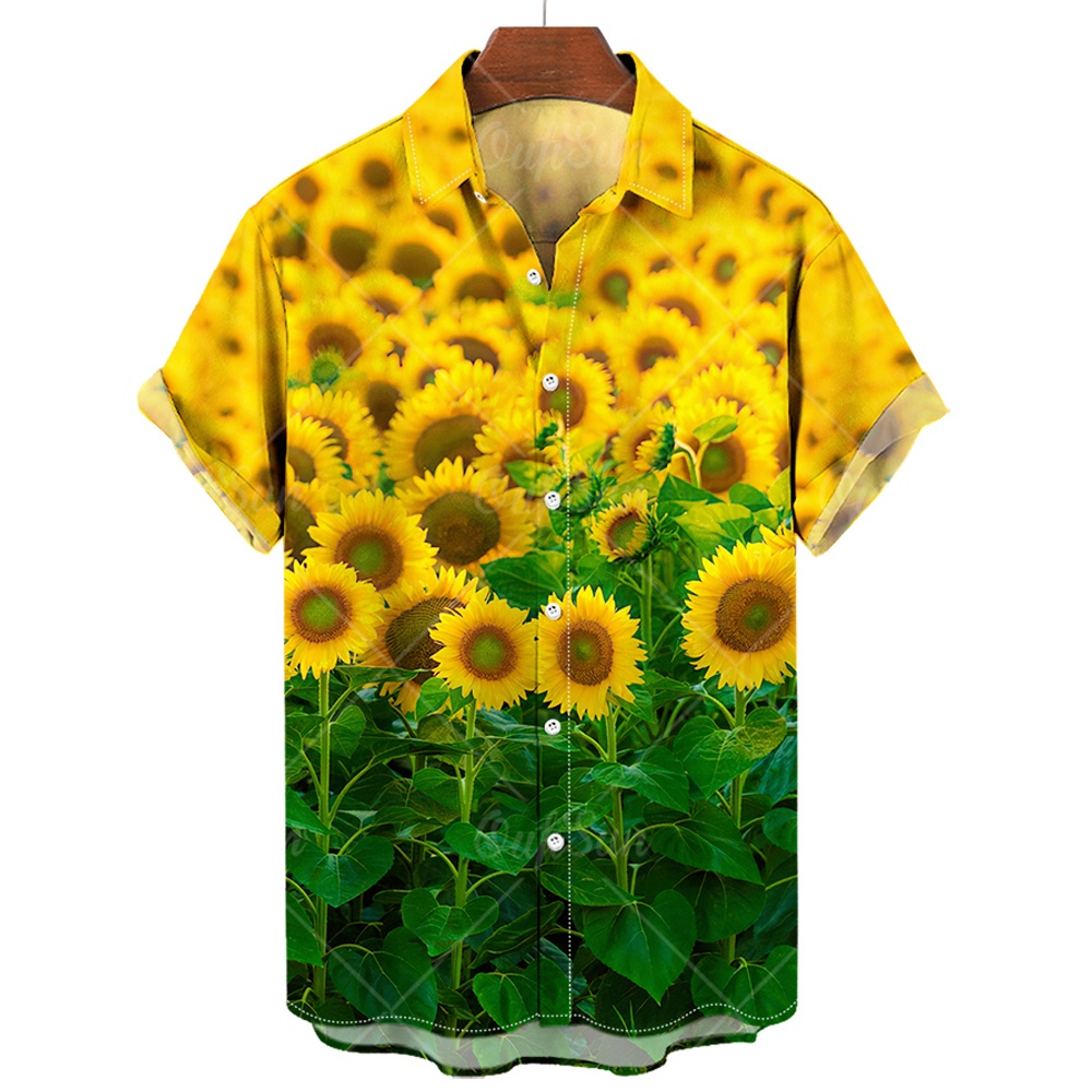 เสื้อเชิ้ตแขนสั้น คอปก พิมพ์ลายดอกทานตะวัน ทรงหลวม โอเวอร์ไซซ์ สไตล์ฮาวาย แฟชั่นฤดูร้อน สําหรับผู้ชาย 2023