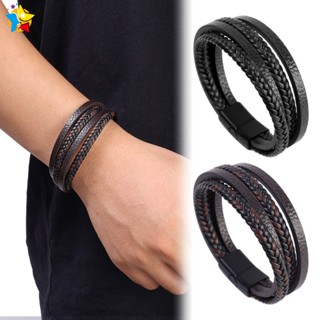 สร้อยข้อมือหนังถัก หัวเข็มขัดแม่เหล็ก หลายชั้น สไตล์ยุโรปและอเมริกา คลาสสิก เรียบง่าย เครื่องประดับ สําหรับผู้ชาย