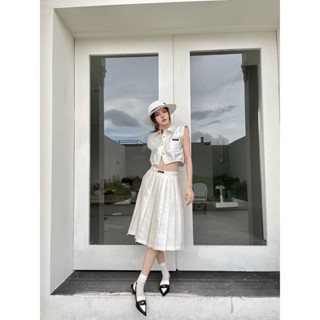 8VOB MIU MIU 2023 elegant dark pattern jacquard short sleeveless vest pleated skirt set