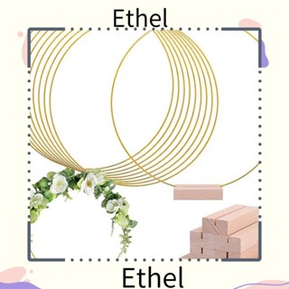 Ethel1 พวงมาลัยดอกไม้ พวงหรีดโลหะ แหวนดอกไม้ แฟชั่น พร้อมฐานไม้ ตกแต่งงานปาร์ตี้ DIY แหวนตกแต่งโต๊ะ งานแต่งงาน