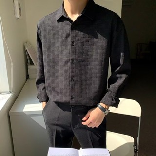 เสื้อเชิ้ตแขนยาว แบบหนา ทรงหลวม ลายสก๊อต สีขาว แฟชั่นฤดูใบไม้ผลิ และฤดูใบไม้ร่วง สไตล์เกาหลี สําหรับผู้ชาย