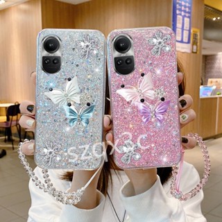 เคสโทรศัพท์มือถือ TPU แบบนิ่ม ลายผีเสื้อ พร้อมสายโซ่คริสตัล สําหรับ OPPO Reno 10 Pro+ 8T 8 Pro Plus 5G A78 A58 A98 A17 A17K 4G