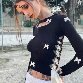 Lanlanlolo เสื้อยืดลําลอง แขนยาว คอกลม แต่งโบว์ สีพื้น สําหรับสตรี 2023