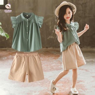 พร้อมส่ง ชุดเสื้อคอกลม แขนลูกไม้ และกางเกง แต่งกระดุมแถวเดียว ระบายอากาศ ทรงหลวม สไตล์เกาหลี แฟชั่นฤดูร้อน สําหรับเด็กผู้หญิง