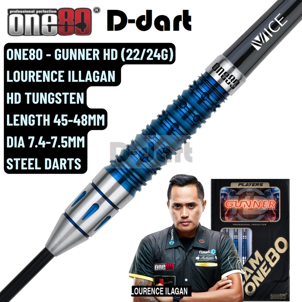 ONE80 STEEL TIP DART - 22G/24G GUNNER HD TUNGSTEN LOURENCE ITALGAN SIGNATURE STEEL DARTS
