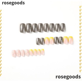 Rosegoods1 เล็บปลอม DIY เล็บกดบนเล็บ สวมใส่ได้ แฟลชละเอียด เล็บฝรั่งเศส สีเหลือง