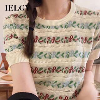 Ielgy เสื้อยืดลําลอง คอกลม แขนสั้น ผ้าถัก แบบบาง เข้ารูป แฟชั่นฤดูร้อน สําหรับสตรี