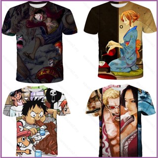 Sq2 เสื้อยืดลําลอง แขนสั้น คอกลม พิมพ์ลายอนิเมะ One Piece Luffy Nami 3D ทรงหลวม พลัสไซซ์ สําหรับทุกเพศ