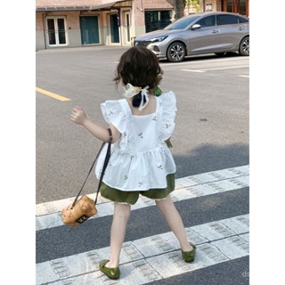 2023 girls spring and summer New embroidered flower Western style suit baby girls flying sleeve vest lace shorts two-piece suit DEZK