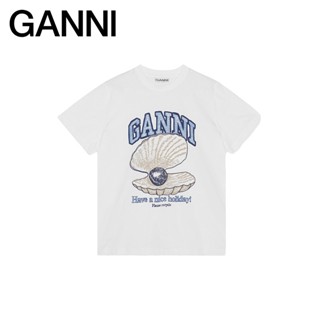 Ganni เสื้อยืดลําลอง แขนสั้น พิมพ์ลายเปลือกหอย สีขาว สําหรับผู้หญิง3641151
