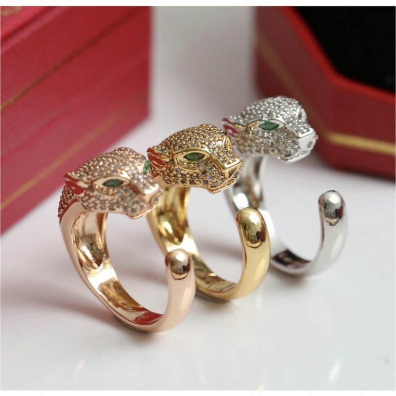Diamond Leopard Head Titanium Steel Gold-Plated Ring Unisex เปิดแหวนสแตนเลสประณีตของขวัญสําหรับผู้ชายผู้หญิง
