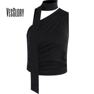 Vesglory เสื้อกั๊กลําลอง เปิดไหล่ข้างเดียว สีพื้น สําหรับผู้หญิง 2023