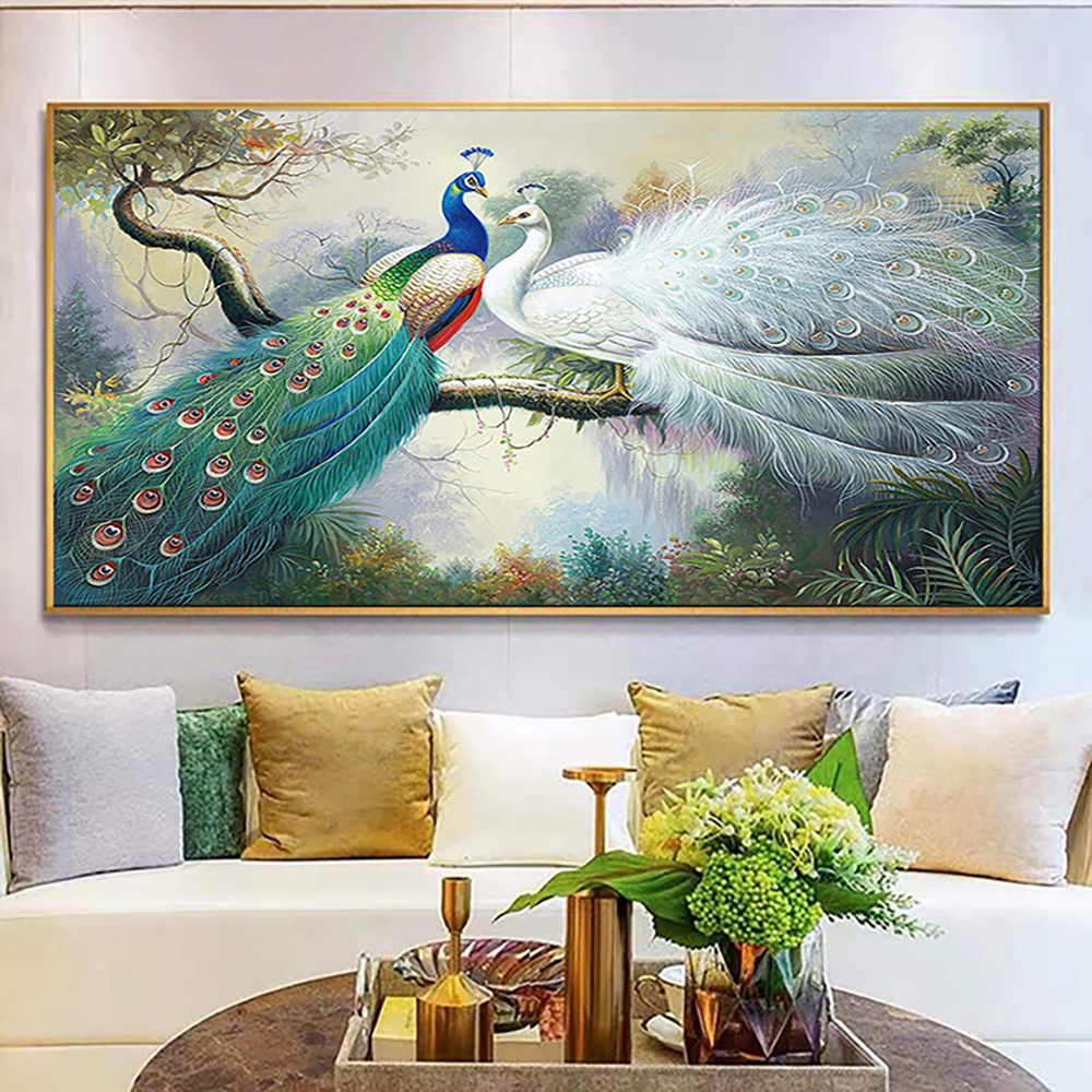 สองนกยูงสัตว์ผ้าใบจิตรกรรมบ้านตกแต่งผนังรูปภาพ