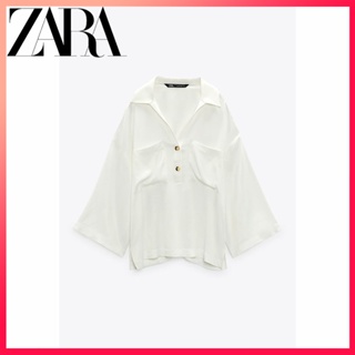 Zara ใหม่ เสื้อเชิ้ต ผ้าซาติน ผ้าไหม แขนกว้าง สําหรับผู้หญิง