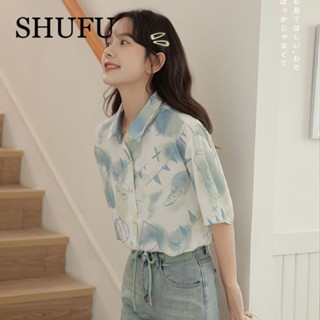 Shufu 2390 พร้อมส่ง เสื้อเชิ้ตแขนสั้น ผ้าชีฟอง ลายดอกไม้ ทรงหลวม สไตล์เกาหลี พลัสไซซ์ สําหรับผู้หญิง