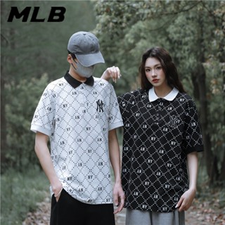 เสื้อโปโลแขนสั้น ผ้าฝ้าย 100% ปักลายโลโก้ MLB NY สําหรับผู้ชาย และผู้หญิง