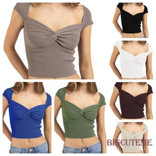 [] - เสื้อท็อปส์ แขนสั้น คอหัวใจ สีพื้น บิดด้านหน้า สําหรับผู้หญิง