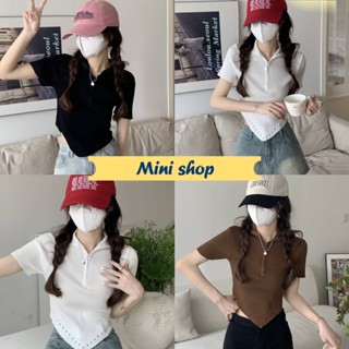 Mini shop🌸พร้อมส่ง🌸 (M0708-1) เสื้อไหมพรมคอเต่าแขนสั้น ปรับซิปเป็นคอปกได้เก๋มาก  -C