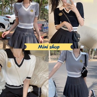 Mini shop🌸พร้อมส่ง🌸 (T025) เสื้อไหมพรมแขนสั้นคอปก นักเรียนเกาหลีมากแม่ -C