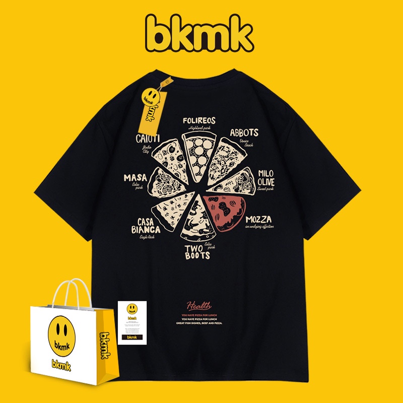 Bkmk เสื้อยืดแขนสั้น ผ้าฝ้าย ทรงหลวม พิมพ์ลายพิซซ่า แฟชั่นฤดูร้อน สําหรับผู้ชาย