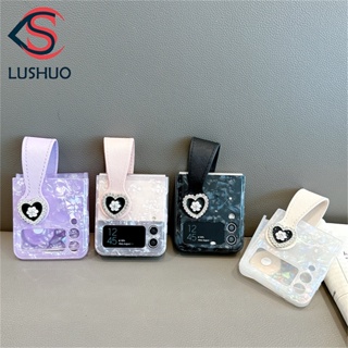 Lushuo เคสโทรศัพท์มือถือ ปิดด้านหลัง ลายดอกคามิเลีย โบว์คริสตัล พร้อมสายคล้องมือ สําหรับ Samsung Galaxy Z Flip 3 5G and Z Flip 4 Z Flip3 ZFlip3 ZFlip 3 Z Flip4 ZFlip 4