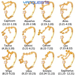 Yanqueens แหวนทอง ประดับเพชร ลายราศี 12 กลุ่มดาว ปรับได้ เครื่องประดับ สําหรับผู้หญิง งานแต่งงาน