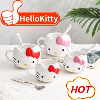 Graby2023 แก้วน้ําเซรามิค ลายการ์ตูน Hello Kitty พร้อมช้อน สําหรับอาหารเช้า ซีเรียล นม [สุดคุ้ม CP]