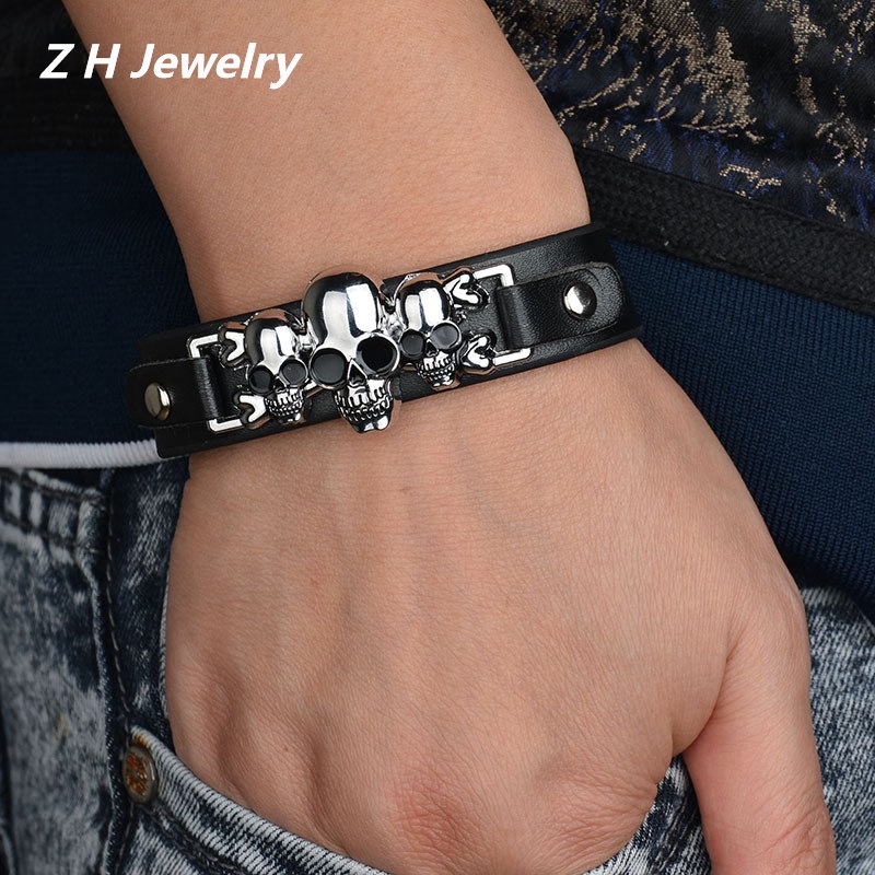 Z H เครื่องประดับ วินเทจ ร็อคกะโหลก สร้อยข้อมือหนัง ผู้ชายและผู้หญิง แฟชั่น สเตนเลส สร้อยข้อมือ PU พังก์ ปาร์ตี้ เครื่องประดับ อุปกรณ์เสริม
