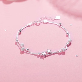 925 Silver Plated Little Star Bracelet for Girls New Korean Fashion Double Layer Pentagram Handwear Simple Girlfriend Sweet Little Fresh Frosted Round Bead Bracelet