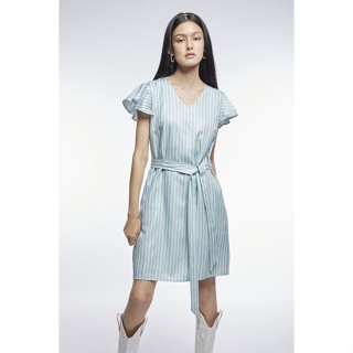 EP เดรสสั้นลายทางแต่งแขนระบาย ผู้หญิง สีเขียว | Sleeveless Stripe Dress with Ruffle Detail | 0832