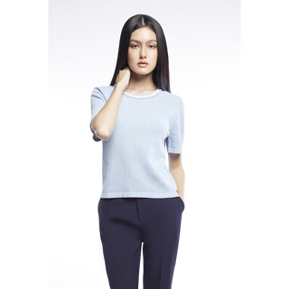 ESPADA เสื้อนิตวาฟเฟิลแต่งไข่มุก ผู้หญิง สีน้ำเงินเข้ม | Waffle Knit Top with Pearl Decor | 4707