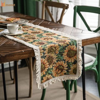 Oyzoce ภาพวาดสีน้ำมันสไตล์ Table Runner พู่ผ้าฝ้ายลินินสไตล์อเมริกันธงตาราง Jacquard ดอกทานตะวัน Placemat ผ้าปูโต๊ะในครัว Table Runner สำหรับโต๊ะรับประทานอาหาร molisa