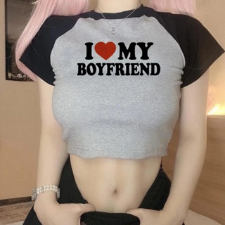 เสื้อครอปท็อป ลายกราฟิก I Love My Boyfriend cyber y2k yk2 y2k 90s สําหรับผู้หญิง