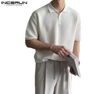 Incerun เสื้อโปโล แขนสั้น ผ้าถัก ระบายอากาศ