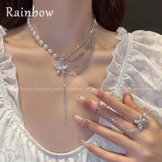 【Rainbow】สร้อยคอโซ่ ประดับมุก เพทาย ผีเสื้อ หลายชั้น เรียบง่าย สไตล์เกาหลี สําหรับผู้หญิง